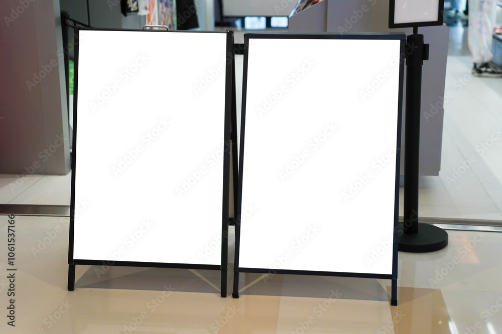 Signboard on the street. Angled empty menu board stand. Restaurant sidewalk white sign board. Freestanding A-frame advertising board near outdoor cafe.