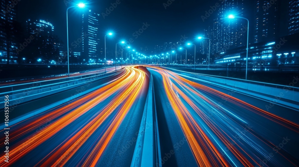 Night City Highway with Light Trails and Cityscape