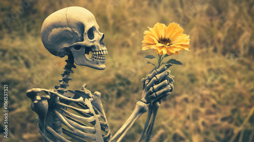 A skeleton holding a withered flower. photo