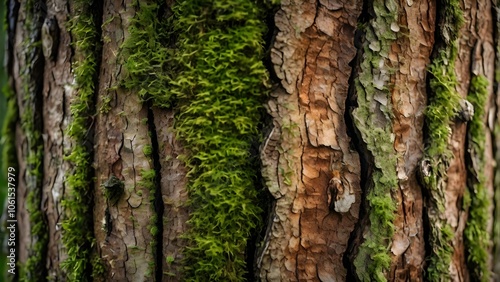 Detailed Close Up of Woodland Tree Bark with Moss Texture and Cracks