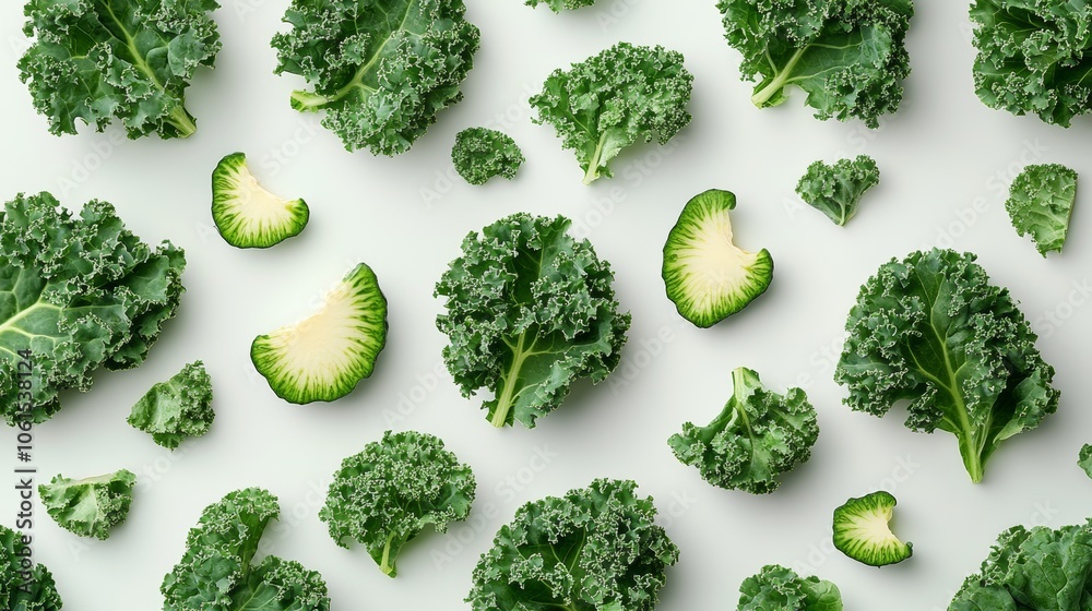Fresh Green Kale Leaves and Slices on White Background Vegan Healthy Food Pattern Fresh Green Kale Leaves and Slices on White Background Vegan Healthy Food Pattern