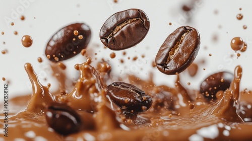 Splashing coffee beans in rich chocolate scene. photo