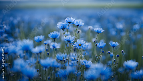 A field of blue flowers with a blue sky in the background
