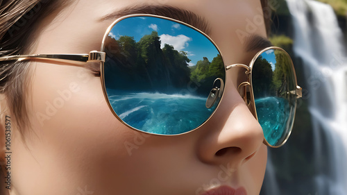 Close up of woman wearing a sunglass with reflection of a waterfall, nature concept