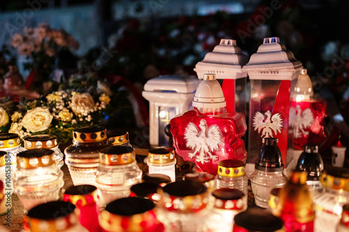 Candles, Red and White Flowers Garland. November 11. World War I Ends, Poland Independence Day, 1918 Remembrance Day. Freedom, Victory, Polish, Narodowe Swieto Niepodleglosci photo