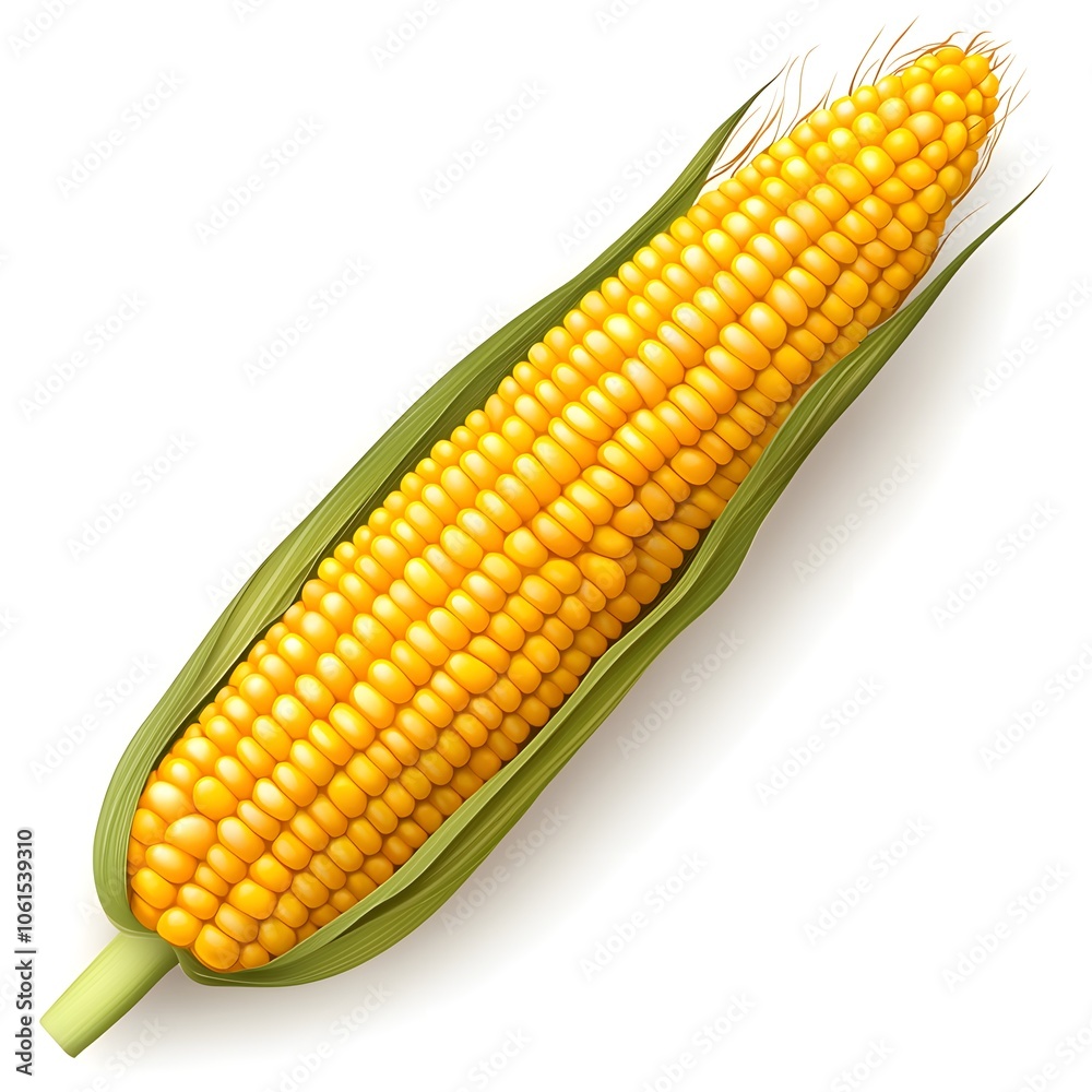 a realistic ear of corn, bright yellow, detailed kernels, photorealistic style, isolated on white background a realistic ear of corn, bright yellow, detailed kernels, photorealistic style, isolated on white background