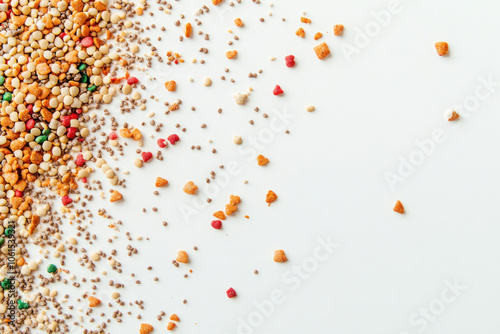Pile of cereal and grains on wooden table, natural light casting shadows, creating a rustic and inviting breakfast scene.