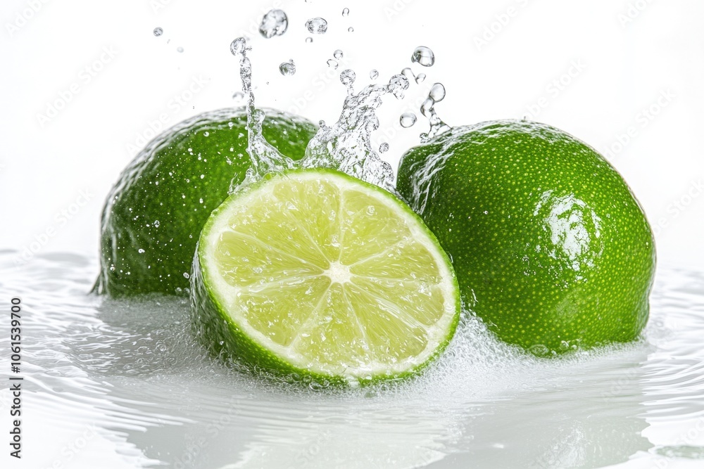 Juicy Lime Splash. Ripe Citrus Lime in Motion with Fresh Water Spraying on White Background Juicy Lime Splash. Ripe Citrus Lime in Motion with Fresh Water Spraying on White Background