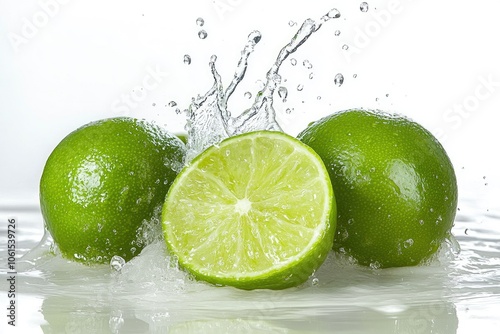 Refreshing Lime Juice Splash. Bright Citrus Colors. Isolated on White Background.