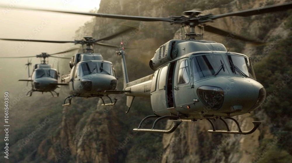 Military Helicopters Flying Over Mountainous Terrain Military Helicopters Flying Over Mountainous Terrain