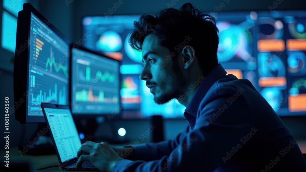 A data scientist analyzes trends on dual monitors, focusing intently on complex datasets and charts in a dimly lit office.