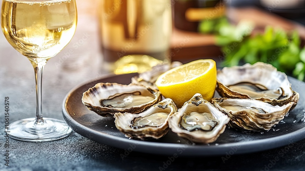 White wine in a glass and oysters in a restaurant on a yacht
White wine in a glass and oysters in a restaurant on a yacht