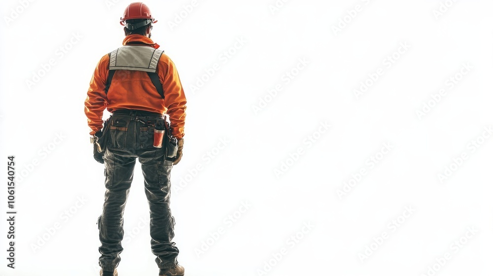 Full length back shot of a construction worker with a helmet isolated on white background Full length back shot of a construction worker with a helmet isolated on white background