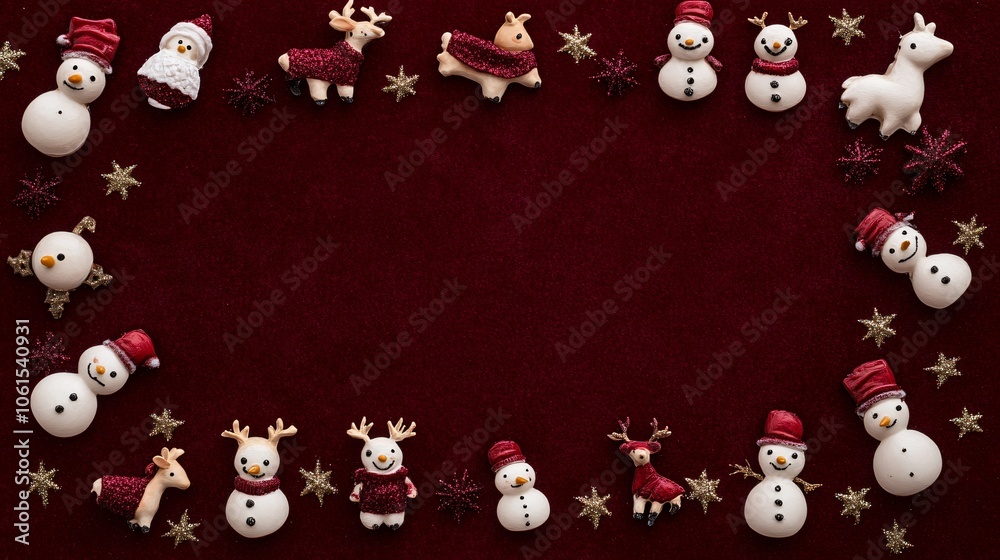 Fototapeta premium Classic Christmas toys like tiny reindeer and snowmen, arranged as a frame on a dark red velvet background with small stars