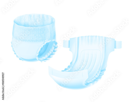 Detailed diaper mockups. Vector illustration isolated on white background. Perfect for showing the diaper, its main parts and benefits. EPS10.	