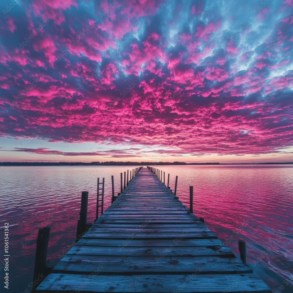 Fototapeta premium Colorful sunset over a serene lake with a wooden pier at twilight