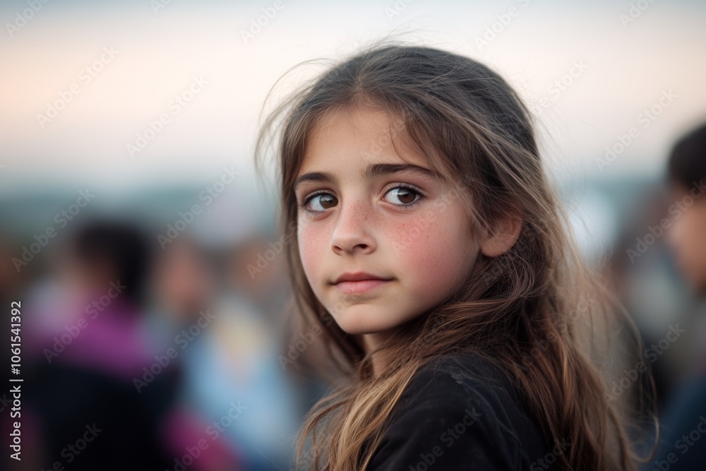 Obraz premium A thoughtful girl with long hair gazes into the distance during a community gathering at sunset in an outdoor setting