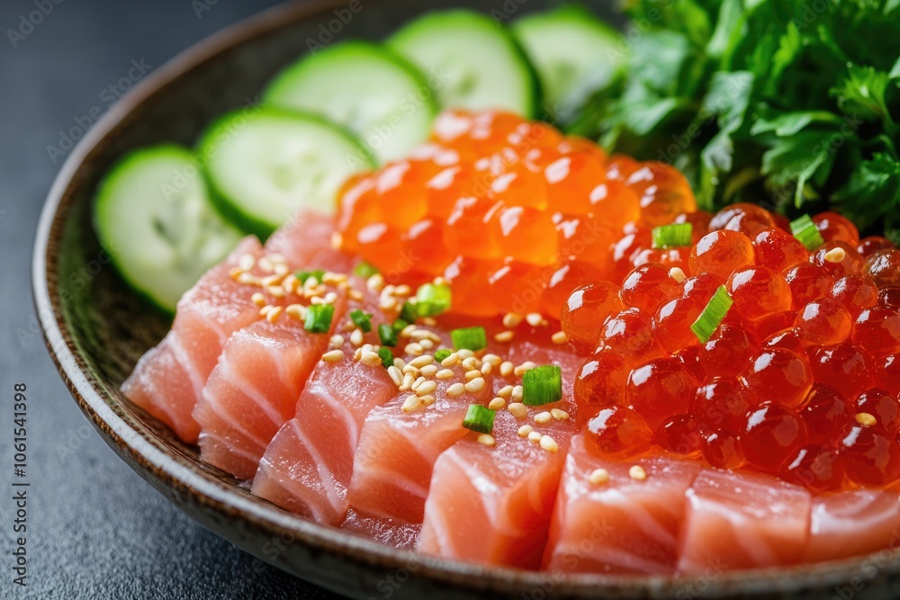 Delicious Tuna and Salmon Caviar Dish with Fresh Vegetables and Sesame Sauce Delicious Tuna and Salmon Caviar Dish with Fresh Vegetables and Sesame Sauce