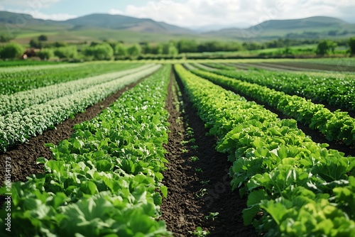 Green Lettuce Field With Rows Of Plants In A Sunny Day Photo