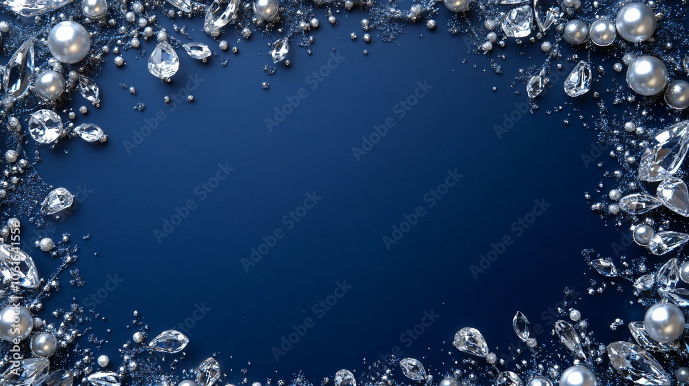 Fototapeta premium Elegant frame of crystal and pearl-like Christmas ornaments, isolated on a dark navy background with silver sparkle accents