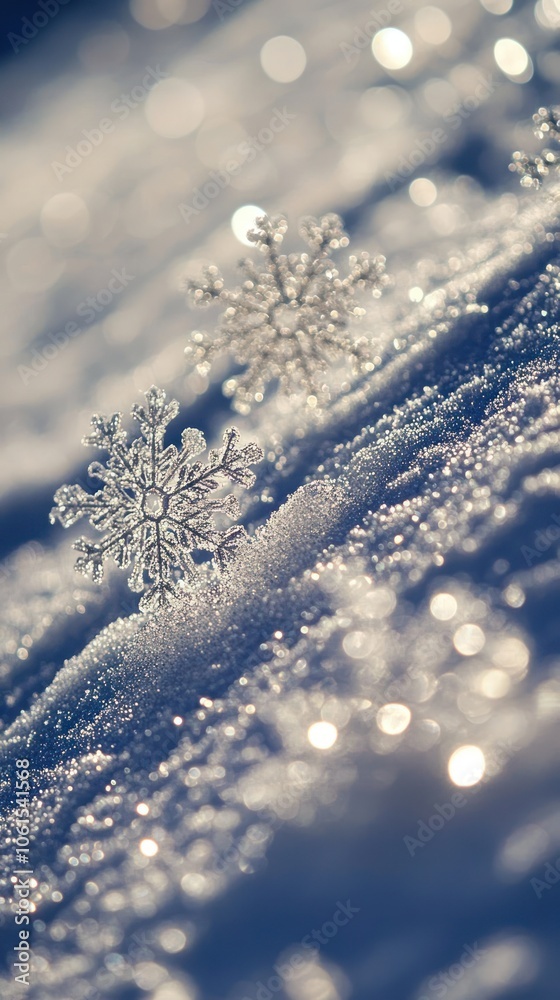 A close-up of delicate snowflakes resting on a sparkling snow surface. A close-up of delicate snowflakes resting on a sparkling snow surface.