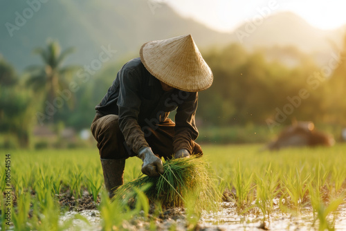 Farmer harvesting rice in a lush green field during sunset in a tranquil rural landscape