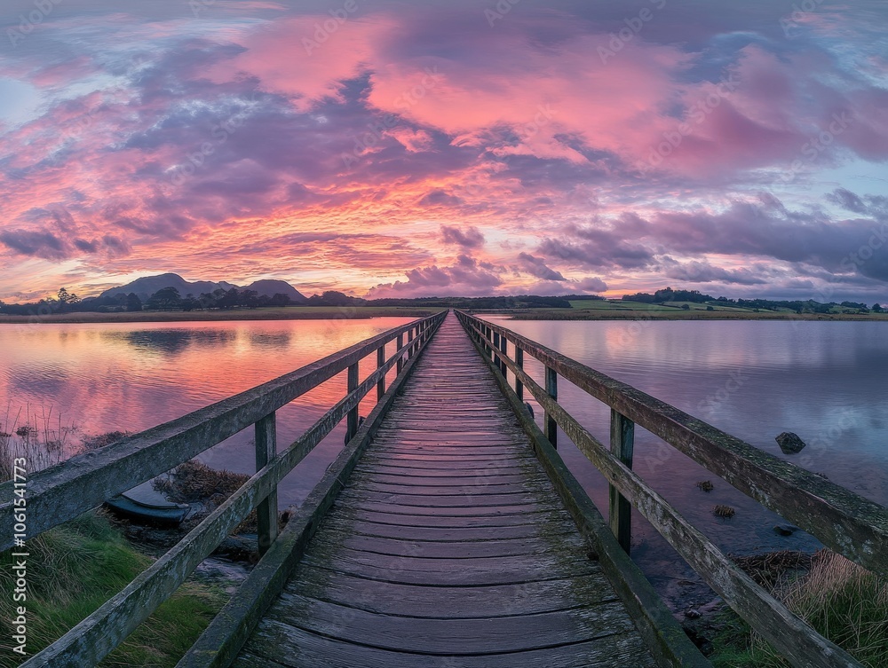 Fototapeta premium Stunning sunset colors reflecting on water at a serene wooden pier