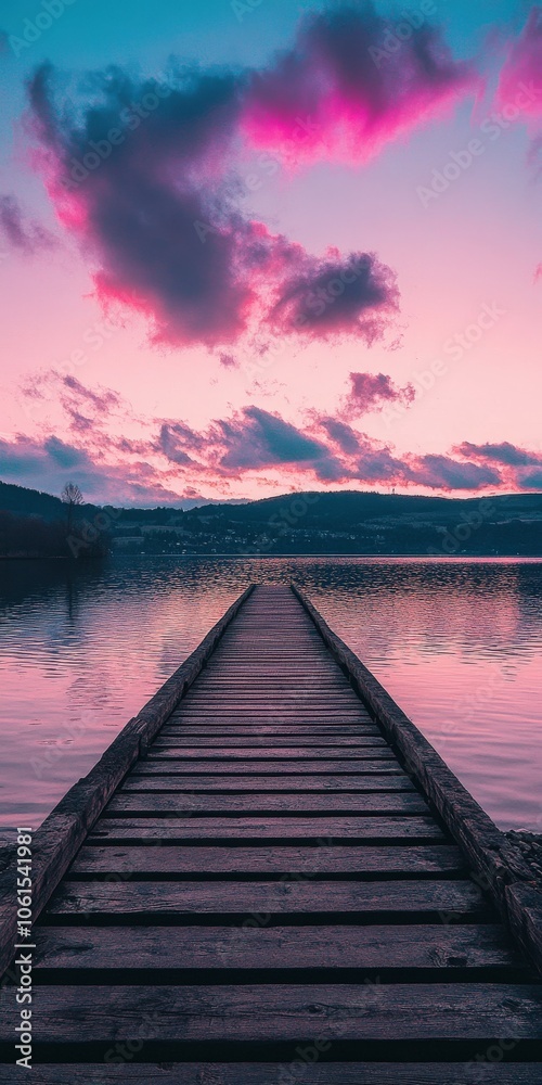 Fototapeta premium Sunset over calm lake with wooden pier stretching into the water