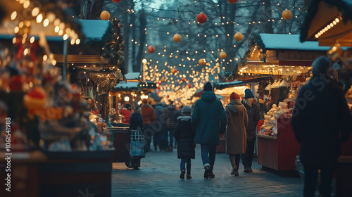 A community holiday market at dusk, with local vendors selling handmade gifts