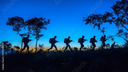 Silhouettes of Soldiers Marching Through Jungle at Dusk