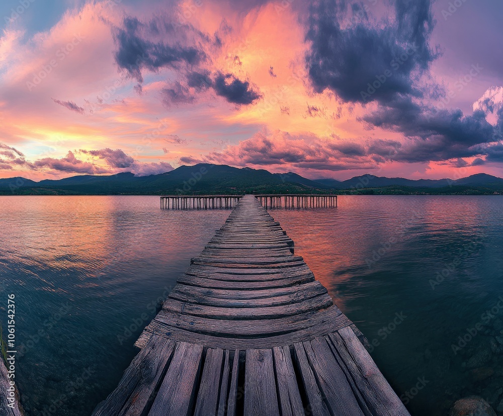 Obraz premium Colorful sunset over a wooden pier extending into a tranquil lake