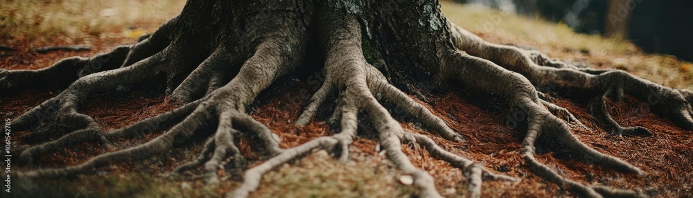 Close-up of a tree's roots intertwined with soil and pine needles. Close-up of a tree's roots intertwined with soil and pine needles.