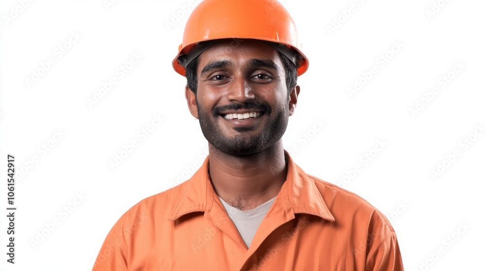 Handsome indian worker man wearing uniform and helmet isolated on white background smiling with happy face Handsome indian worker man wearing uniform and helmet isolated on white background smiling with happy face