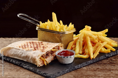 French Tacos and fries with ketchup and bread with potatoes for fast food menu and restaurant 