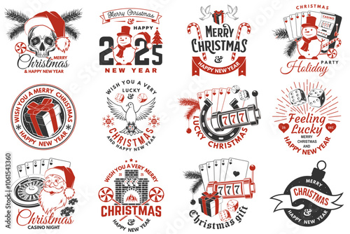 Set of Lucky Christmas casino night. Vintage print, logo, badge design with santa claus, casino dice, snowman, poker playing card, slot machines and sweet candy cane. Vector illustration.
