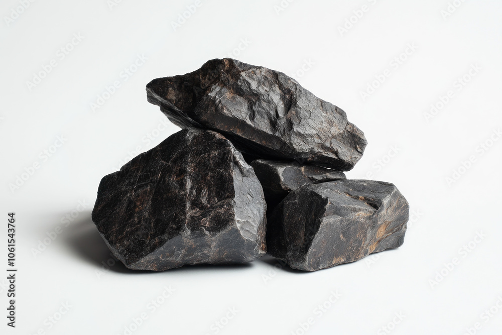 Black rock on white background, contrasting textures in minimalistic setting, a study in monochrome simplicity. Black rock on white background, contrasting textures in minimalistic setting, a study in monochrome simplicity.