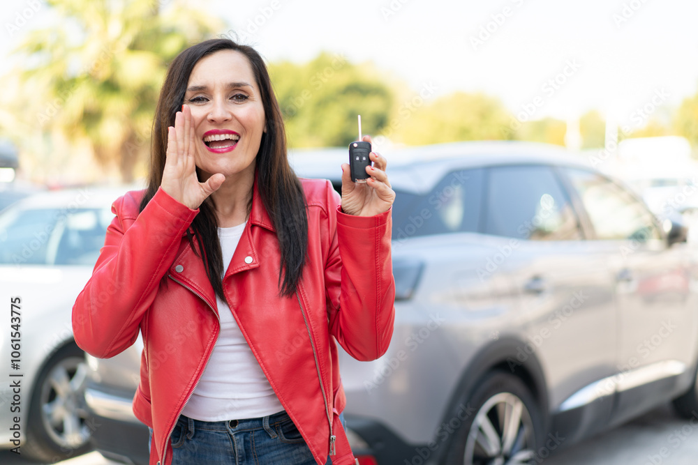 Middle aged woman holding car keys at outdoors shouting with mouth wide open Middle aged woman holding car keys at outdoors shouting with mouth wide open