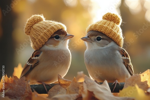 High-Resolution Photo of Two Birds Wearing Knitted Hats Sitting in an Autumn Park with Golden Leaves and Sunlight
