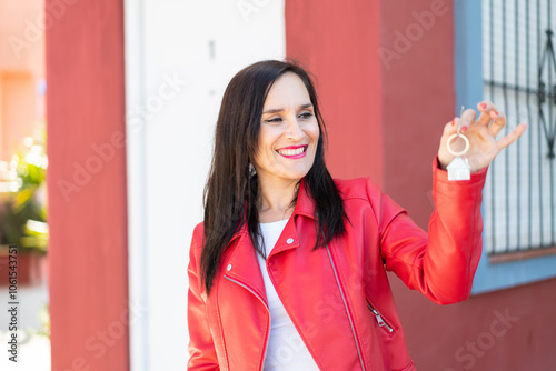 Middle aged woman holding home keys at outdoors with happy expression