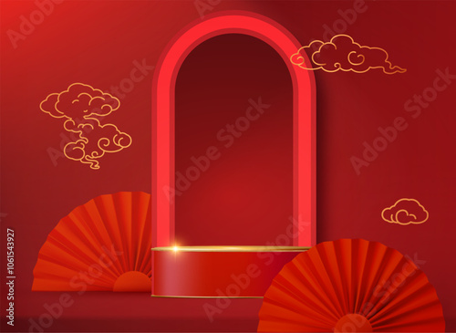 3D round podium in showcase with Chinese lanterns, arc, clouds and traditional paper fans. Circle podium with Asian design elements. Lunar new year offer