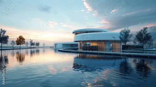 Breathtaking modern lakefront architecture with sleek angular glass design reflecting the mesmerizing colors of the dramatic sunset over the serene tranquil waters  This luxury