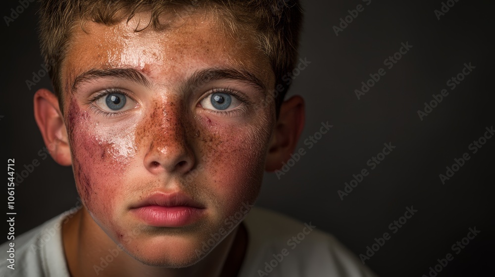 Fototapeta premium Portrait of a Young Boy with Scars and Bruises on His Face