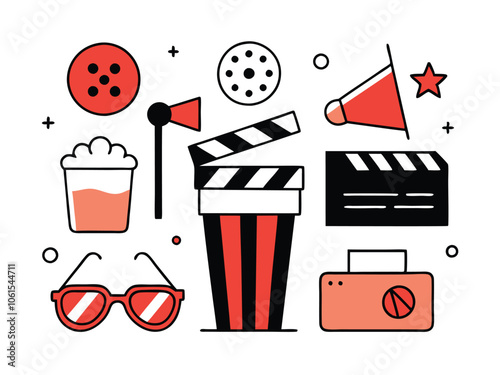 Movie and Cinema Icons Set with Clapperboard, Popcorn, and Camera Elements
