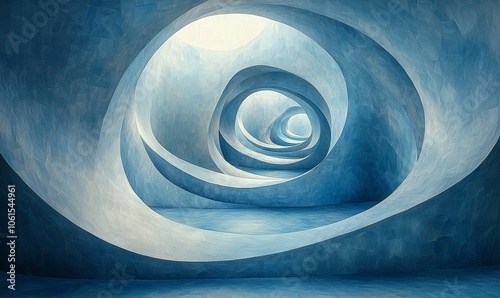 A surreal, spiraling blue tunnel with smooth, flowing shapes creating a sense of depth.