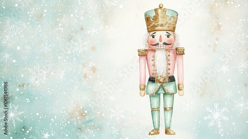 Whimsical Watercolor Nutcracker on Snowy Background
