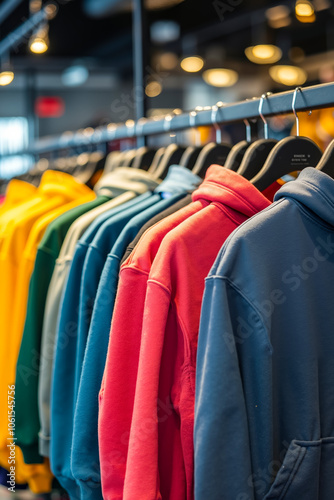 A row of colorful hoodies hanging on a rack in a clothing store