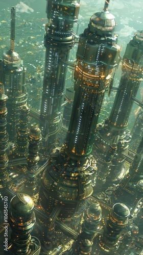 Detailed of a futuristic high tech cityscape with towering skyscrapers glowing energy infrastructure and a dense vertical urban landscape  This conceptual photo