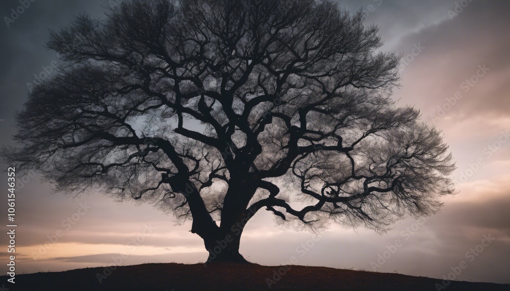 Solitary Tree Reaching into Dark Sky with Subtle Light Filter sunset Solitary Tree Reaching into Dark Sky with Subtle Light Filter sunset