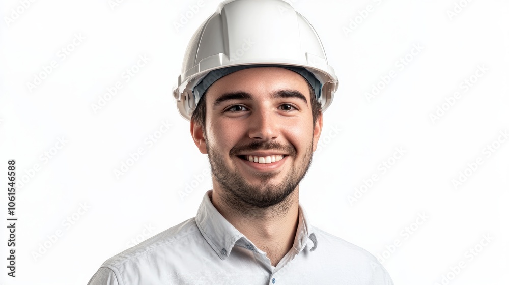 Smiling young unshaven business man in light shirt protective construction helmet isolated on white background Smiling young unshaven business man in light shirt protective construction helmet isolated on white background