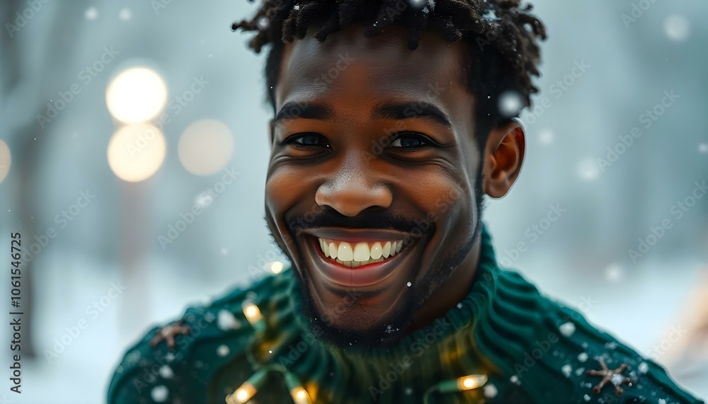 Happy black man in a Christmas lights jumper with snowflakes falling softly around him for copy space Happy black man in a Christmas lights jumper with snowflakes falling softly around him for copy space